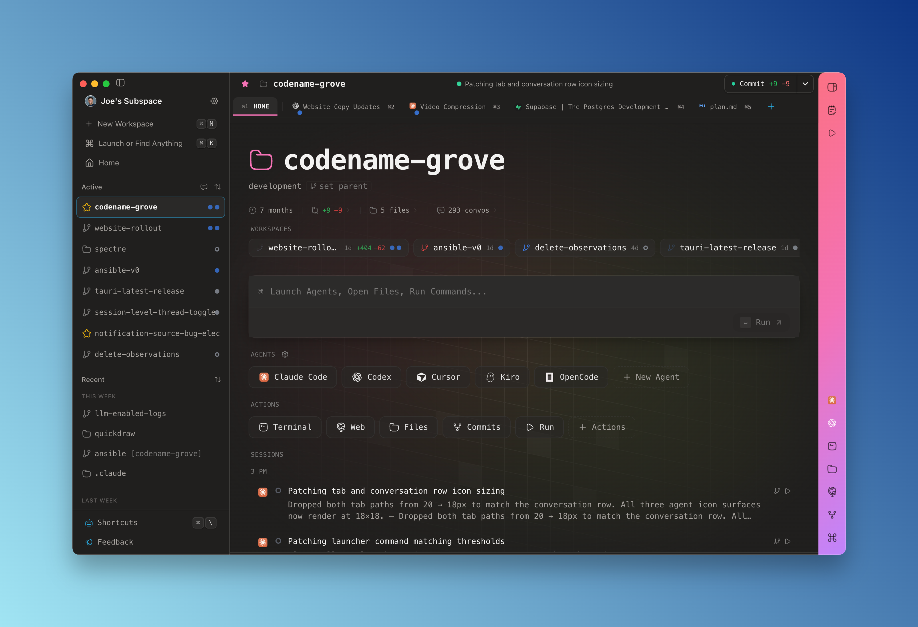 Subspace workspace showing multiple AI coding agents